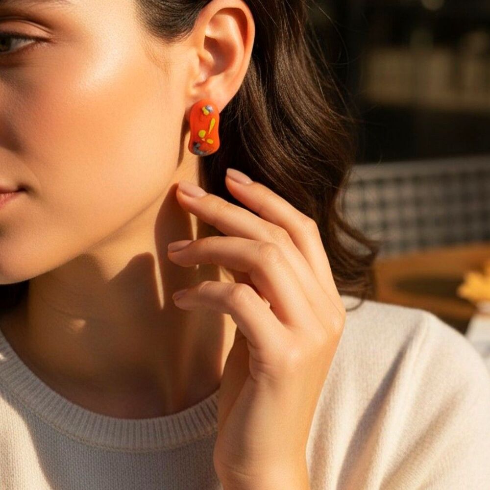 Pierced Earrings Orange Jelly Bean Shaped Glass Boho